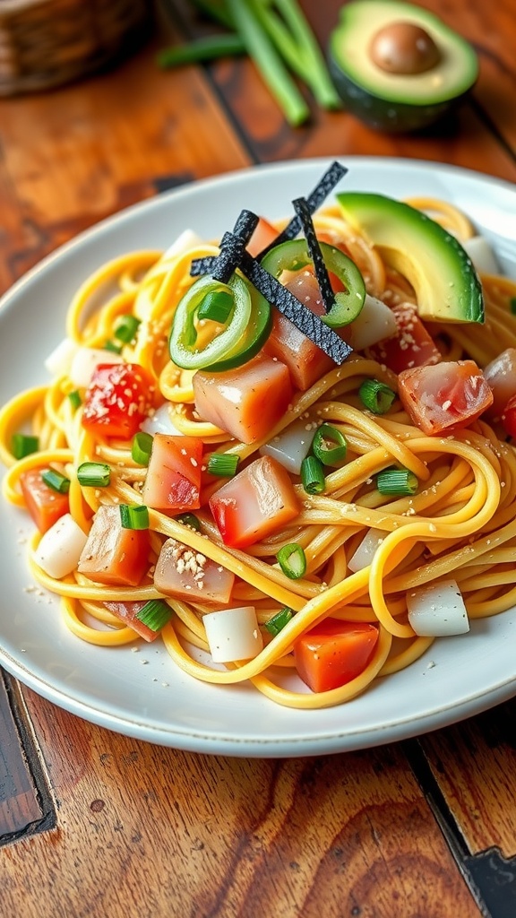 A colorful serving of sushi pasta with fish, cucumber, and avocado on a rustic table.